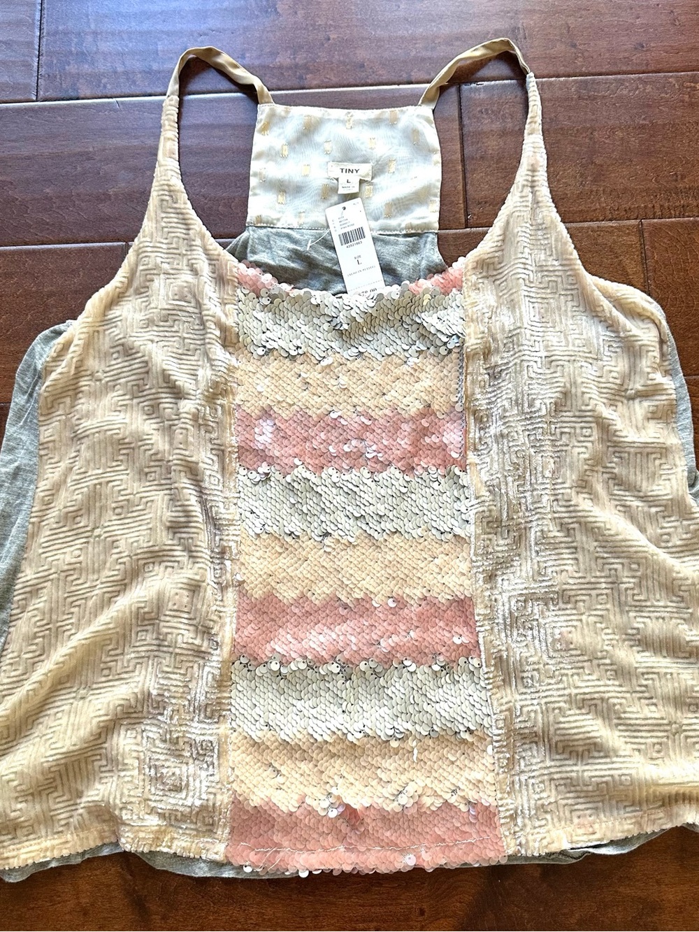Tiny Anthropologie Sequin Cami Pink Gold Velvet Trim NWT Large - Picture 2 of 10